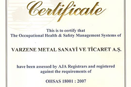 Varzene Metal, Kalite Belgelerine OHSAS